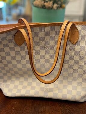 Louis Vuitton Damier Azur Canvas Tote in Cream and Tan Leather